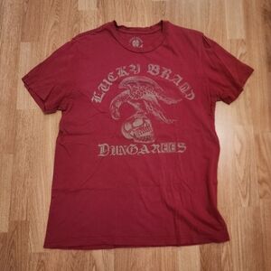 Lucky Brand Dungarees Eagle Skull Short Sleeve Cotton Tee Red Large